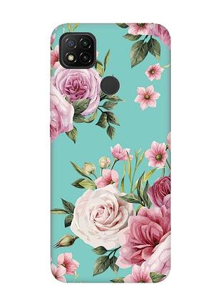 Матовый чехол с бирюзовыми боками на xiaomi redmi 9c/10a :: розовые цветы (принт 287)