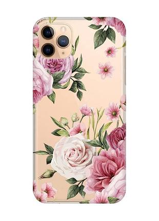 Прозрачный чехол на apple iphone 11 pro max (6,5) :: розовые цветы (принт 287)