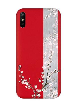 Матовый чехол на xiaomi redmi 9a красный :: цветущая сакура (принт 285)