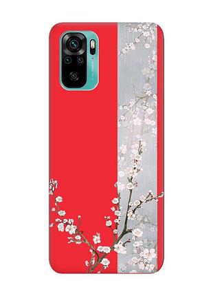 Матовый чехол на xiaomi redmi note 10/note 10s красный :: цветущая сакура (принт 285)