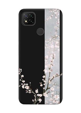 Матовый чехол на xiaomi redmi 9c/10a черный :: цветущая сакура (принт 285)