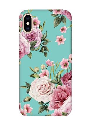 Матовий чохол з бірюзовими боками на iphone xs max :: рожеві квіти (принт 287)