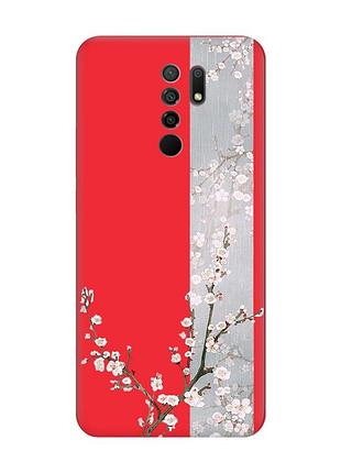 Матовый чехол на xiaomi redmi 9 красный :: цветущая сакура (принт 285)