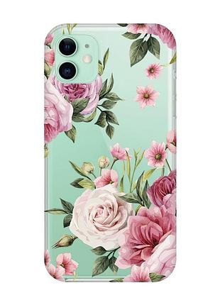 Прозрачный чехол на apple iphone 11 (6,1) :: розовые цветы (принт 287)