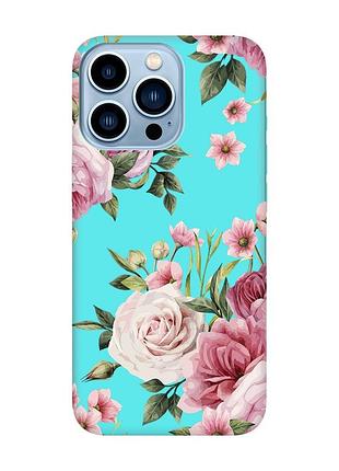 Матовий чохол з бірюзовими боками на apple iphone 13 pro max :: рожеві квіти (принт 287)