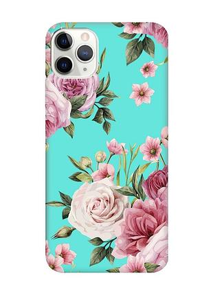 Матовый чехол с бирюзовыми боками на iphone 11 pro max (6.5) :: розовые цветы (принт 287)