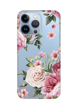 Прозрачный чехол на apple iphone 13 pro :: розовые цветы (принт 287)