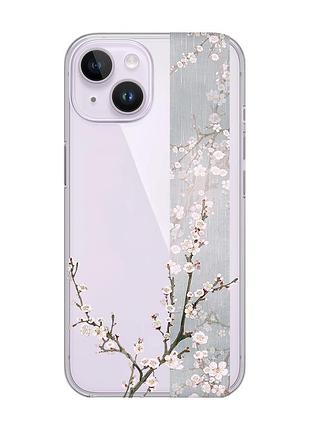 Прозрачный чехол с защитой камеры на iphone 14 :: цветущая сакура (принт 285)