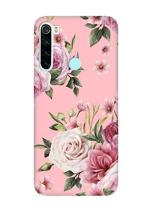 Матовый чехол с розовыми боками на xiaomi redmi note 8 :: розовые цветы (принт 287)