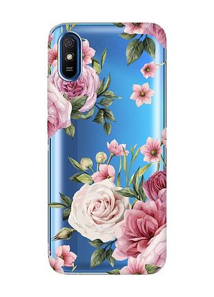 Прозрачный чехол на xiaomi redmi 9a :: розовые цветы (принт 287)