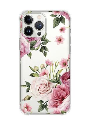 Чехол с утолщёнными углами на iphone 14 pro max :: розовые цветы (принт 287)