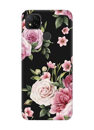 Матовый чехол с черными боками на xiaomi redmi 9c/10a :: розовые цветы (принт 287)