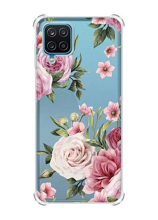 Чехол с утолщенными углами на samsung a12 4g :: розовые цветы (принт 287)