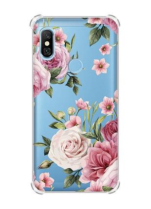 Чохол з потовщеними кутами на xiaomi redmi note 6 pro :: рожеві квіти (принт 287)