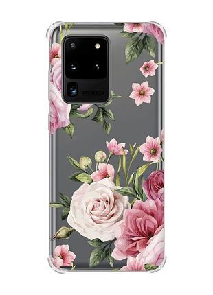 Чехол с утолщёнными углами для samsung galaxy s20 ultra :: розовые цветы (принт 287)