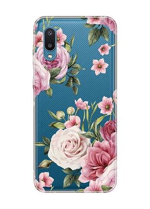 Прозорий чохол на samsung galaxy a02/a022 (2021) :: рожеві квіти (принт 287)