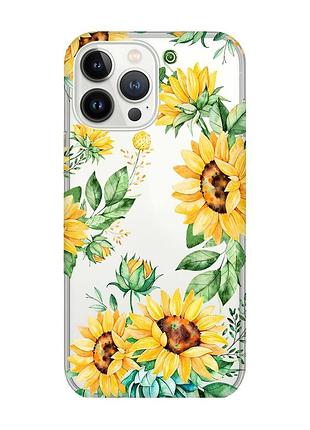 Прозрачный чехол с защитой камеры на iphone 14 pro max :: подсолнухи (принт 288)