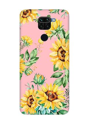 Матовый чехол с розовыми боками на xiaomi redmi note 9 :: подсолнухи (принт 288)