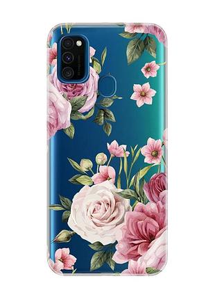 Прозрачный чехол на samsung galaxy m30s/м21 :: розовые цветы (принт 287)