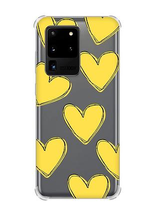 Чехол с утолщёнными углами для samsung galaxy s20 ultra :: сердечка желтые (принт 259)