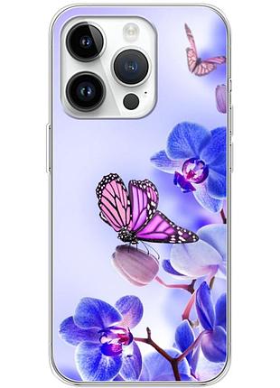 Чехол силиконовый с картинкой на iphone 14 pro max (цветок, бабочка на орхидее)