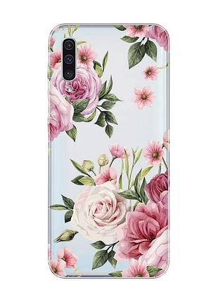 Прозрачный чехол на samsung galaxy a50 (2019) a505 :: розовые цветы (принт 287)