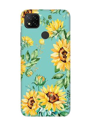 Матовый чехол с бирюзовыми боками на xiaomi redmi 9c/10a :: подсолнухи (принт 288)