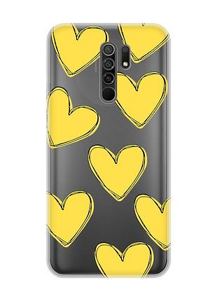 Прозрачный чехол на xiaomi redmi 9 :: сердечка желтые (принт 259)