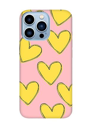 Матовый чехол с розовыми боками на apple iphone 13 pro max :: сердечка желтые (принт 259)