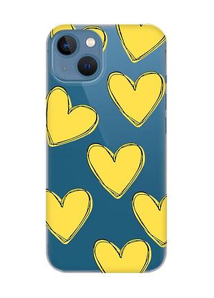 Прозрачный чехол на apple iphone 13 :: сердечка желтые (принт 259)