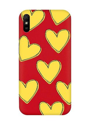 Матовый чехол с красными боками на xiaomi redmi 9a :: сердечка желтые (принт 259)