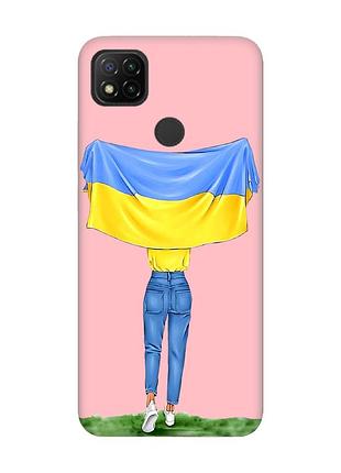 Матовый чехол с розовыми боками на xiaomi redmi 9c/10a :: девушка с флагом (принт 263)