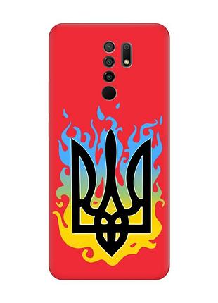 Матовый чехол с красными боками на xiaomi redmi 9 :: тризуб пламя (принт 257)