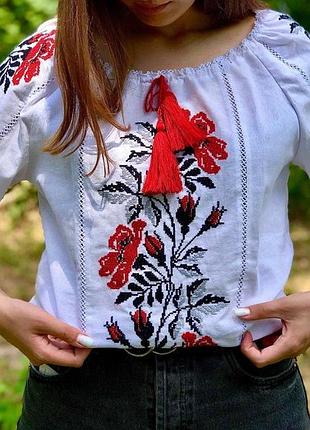 Вышиванка женская крестиком - мальва, хлопок 100%, белая 34