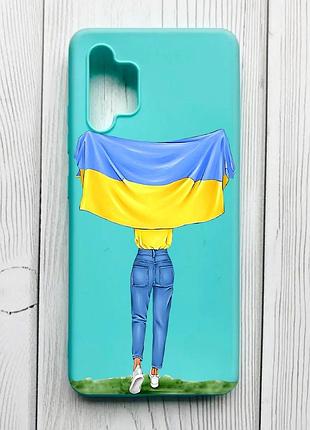 Матовый чехол с бирюзовыми боками на samsung galaxy a32 девушка с флагом (принт 263)