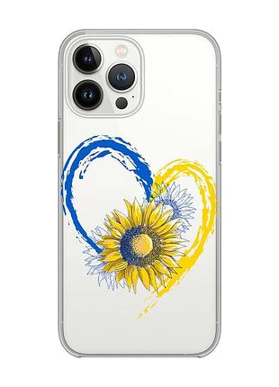 Прозрачный чехол с защитой камеры на iphone 14 pro :: сердце с подсолнухом. украина (принт 260)