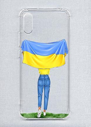 Чехол с утолщёнными углами на xiaomi redmi 9a :: девушка с флагом (принт 263)