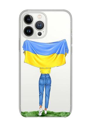 Прозрачный чехол с защитой камеры на iphone 14 pro :: девушка с флагом (принт 263)