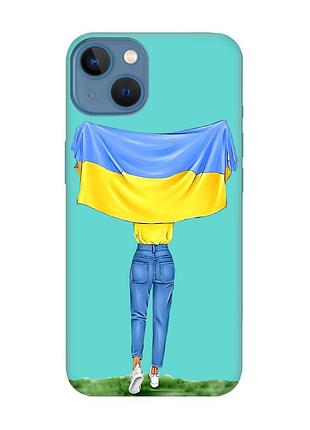 Матовий чохол з бірюзовими боками на apple iphone 13 дівчина з прапором (принт 263)