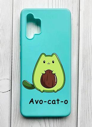 Матовый чехол с бирюзовыми боками на samsung galaxy a32 котик авокадо (принт 306)