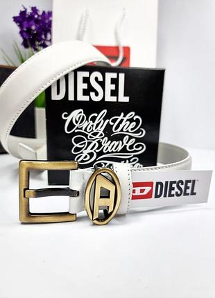 Кожаный ремень дизель 3 см белый, ремень diesel, ремень натуральная кожа, ремень с логотипом бронза