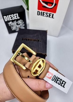 Кожаный ремень дизель 3 см коричневый, ремень diesel, ремень натуральная кожа, ремень с логотипом золото
