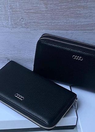 Мужской кожаный кошелек audi, портмоне ауди черный, кошелек на две змейки, кошельки кожа, брендовые кошельки