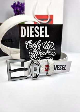 Кожаный ремень дизель 3 см белый, ремень diesel, ремень натуральная кожа, ремень с логотипом матовое серебро