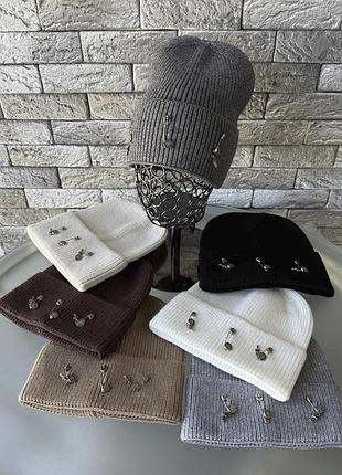 Кашемировая шапка chrome hearts с булавками, шапка хром хартс лопата, шапка зимняя, шапка лопата