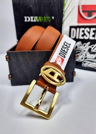 Кожаный ремень дизель 3 см коричневый, ремень diesel, ремень натуральная кожа, ремень с логотипом золото