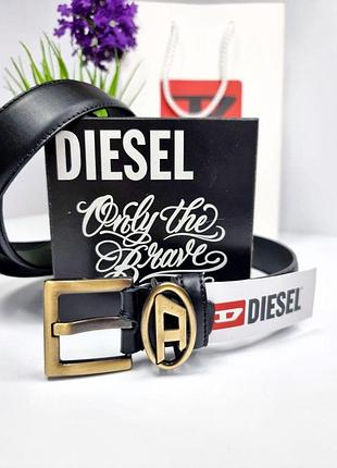 Кожаный ремень дизель 3 см черный, ремень diesel, ремень натуральная кожа, ремень с логотипом матовое золото
