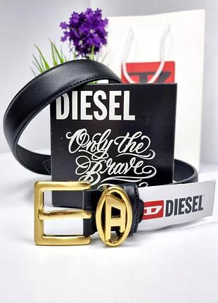 Кожаный ремень дизель 3 см черный, ремень diesel, ремень натуральная кожа, ремень с логотипом золото