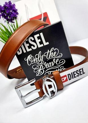 Кожаный ремень дизель 3 см коричневый, ремень diesel, ремень натуральная кожа, ремень с логотипом серебро