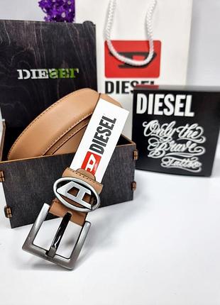 Кожаный ремень дизель 3 см коричневый, ремень diesel, ремень натуральная кожа, ремень с логотипом матовое серебро